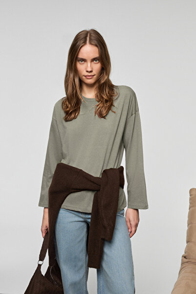 GRIMELANGE Basil Women's Oversized 100% Organic Cotton Knitted Long Sleeve Dark Gray T-Shirt