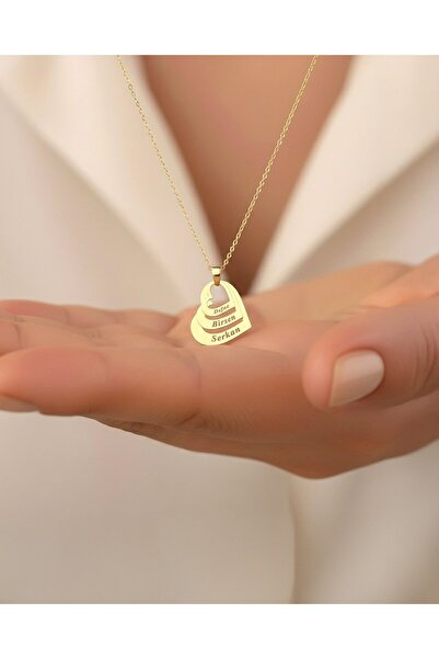 İNDİGO TAKI Üç İsimli Kalpler 14 Ayar Altın Kolye