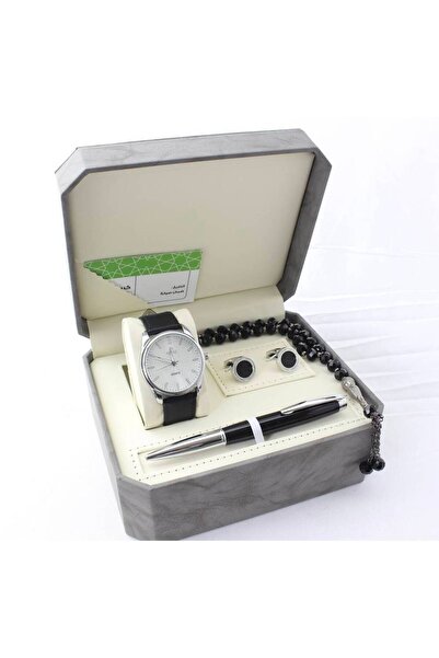 GLAMORA طقم رجالي ساعة جلد ضد الماء مع كبك وقلم ومسبحة وعلبة فخمة