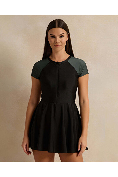 REDTAG Women Black Short Sleeve Zipper Front Swim Dress