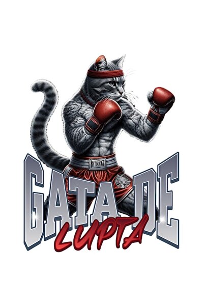 OEM Autocolant: Pisica gri cu mănuși și echipament de box roșu — „Gata de lup...