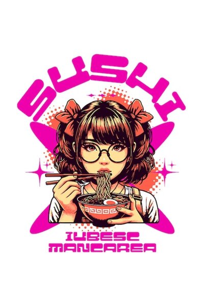 OEM Autocolant de față anime cu fundițe și ochelari care mănâncă tăiței - „I ...