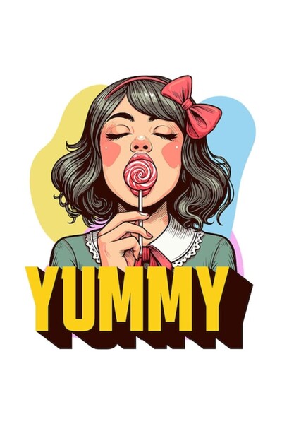 OEM Autocolant: Fată brunetă cu fundă și acadea roșie, „Yummy”, vinil PVC 23 cm