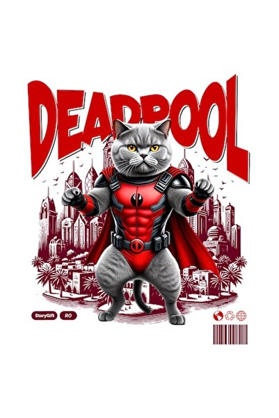 OEM Autocolant pisică British Shorthair în costum DeadPool cu ​​pelerină, vin...