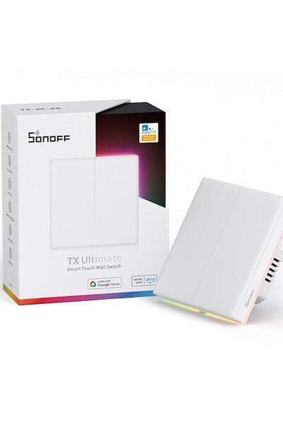 Sonoff T5-2C-86 Smart Wall Switch, Wi-Fi, Full Touch, 2 Channels, RGB Ambient LED, Sound & Vibration