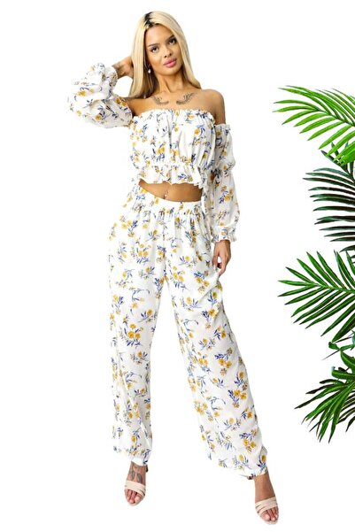 FashionForYou Bouquet summer outfit, loose pants and ruffled shirt, White, Size S/M/L