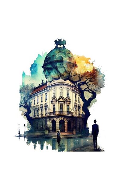 OEM Autocolant - Colț de stradă București, Oameni în ploaie, Abstract multico...