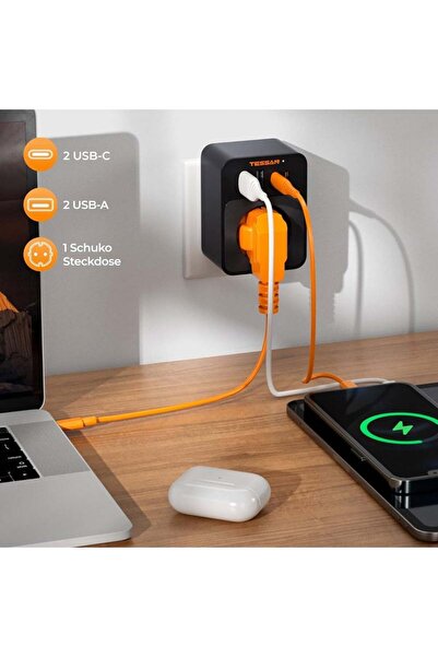 TESSAN TS-FW01DE00 Adapter, 1 AC Outlet, 2×USB-C, 2×USB-A, 30W, 16A