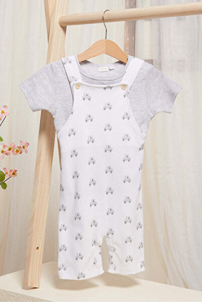 REDTAG Baby White And Grey Printed Dungaree Set (2 Piece)