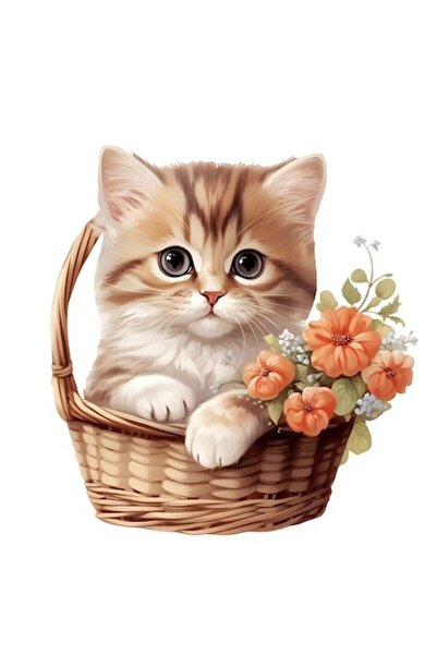 OEM Autocolant - Ilustrație Pisicuță într-un Coș, Flori Portocalii, Bordură A...