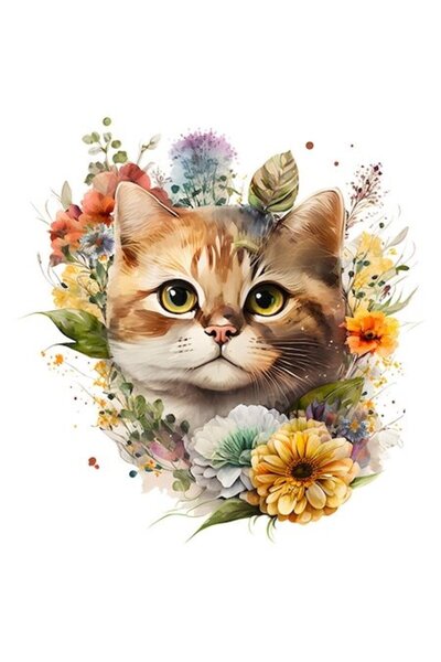 OEM Autocolant Pisică Serioasă – Ilustrație cu Flori Multicolore, Plante, Bor...