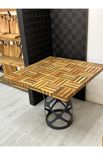 kütükland Doğal Ceviz Mozaik Kare Sehpa Metal Ayaklı