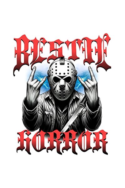 OEM Autocolant horror – Bărbat cu mască și cuțit, text „Bestia”, margini albe...