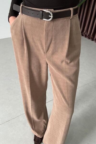 ECEMİ Giza Camel Kemerli Fitilli Kadife Pantolon