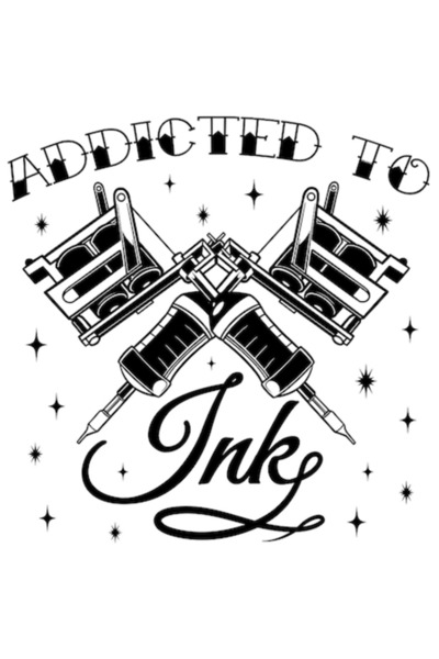 OEM Autocolant cu aparat de tatuat, text „Addicted To Ink”, stele, alb-negru ...