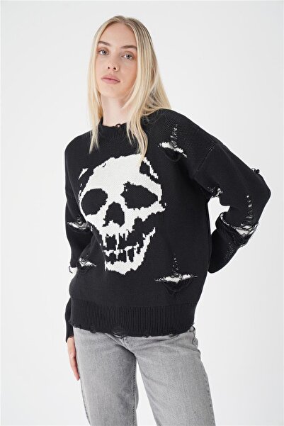 Punk Queen SKULL DESENLİ YIRTIK TRİKO