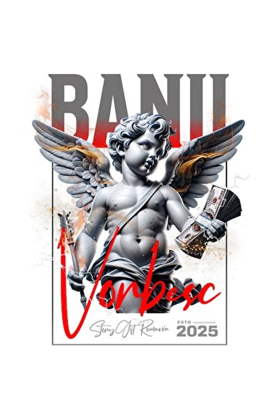 OEM Autocolant — Statuie înger copil cu aripi și teanc de bancnote, „Banii vo...