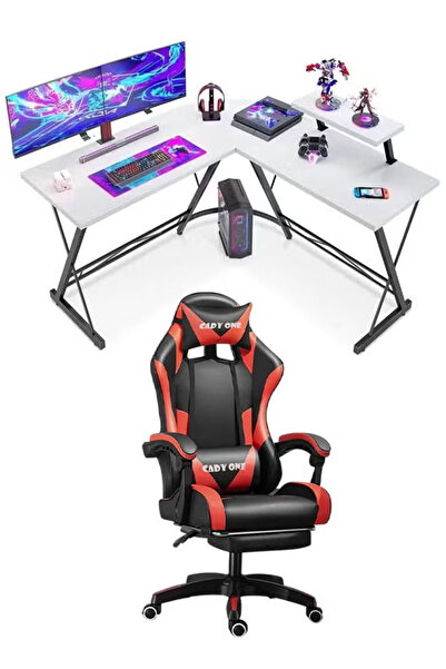 Cady One 2-in-1 Adjustable Gaming Chair Set with Cushion and Headrest, and L-Shaped Computer Desk and Table
