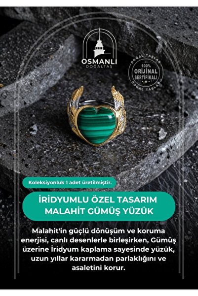 OSMANLI DOĞAL TAŞ Sertifikalı Özel Tasarım İridyumlu Malahit Gümüş Yüzük