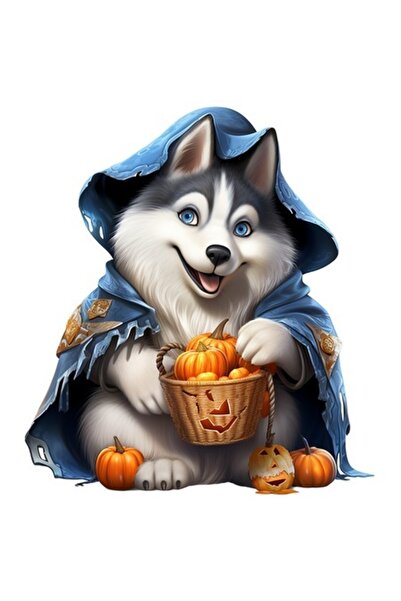 OEM Autocolant câine husky — ilustrație de Halloween cu dovleci, bordură albă...