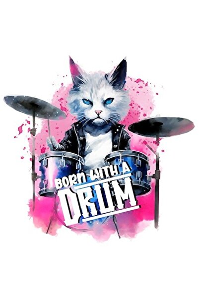 OEM Autocolant – Pisica bateristă „Născută cu o tobă”, fundal roz, bordură al...
