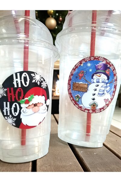 Armada Set de 10 pahare din plastic pentru limonadă și milkshake, cu capac perforat de 400 cc, cu tematică de Anul Nou, cu paie de hârtie
