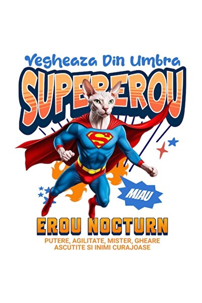 OEM Autocolant pisică Sphynx costumată de Superman cu pelerină, margini albe,...