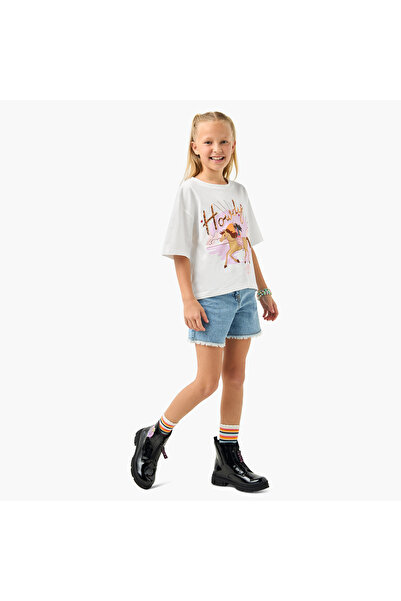 mattel Barbie Print T-shirt with Sequin Detail and Short Sleeves