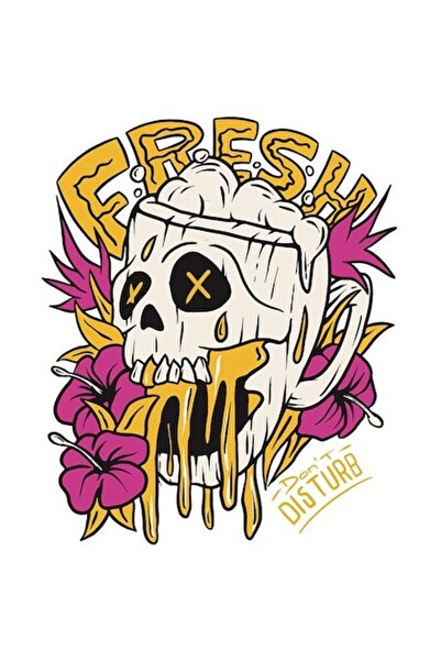 OEM Autocolant cu craniu, flori roz și text „Fresh”, multicolor, bordură albă...