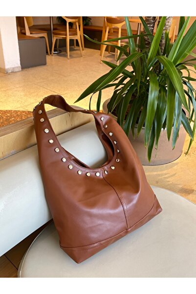 na nura collection Women's Tan Staple Detailed Hand and Shoulder Bag