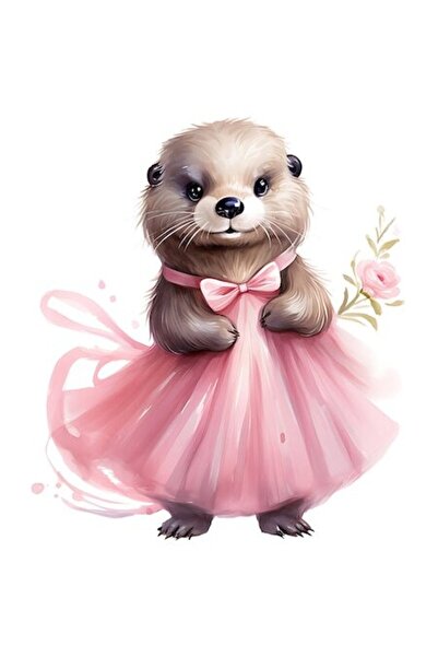 OEM Sticker with an otter wearing a dress, illustration, pink, flower, PVC vi...