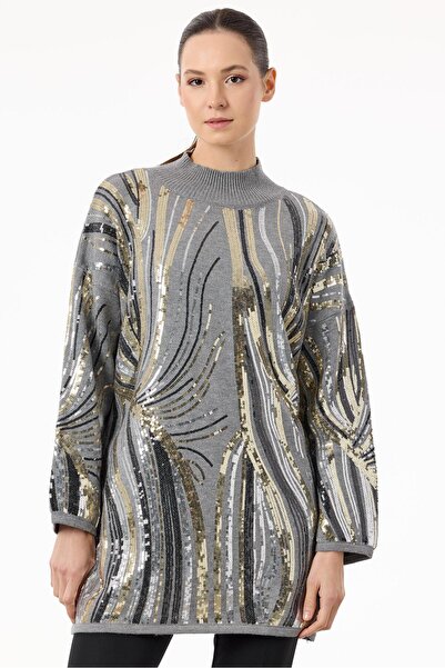 Tığ Triko Desenli ve Payetli Triko Tunik GRİ