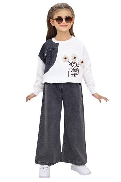 NURTOPU Set pentru fete, set de îmbrăcăminte de jos și de sus, de tranziție și îmbrăcăminte de iarnă, top cu 2 fire, blugi din bumbac