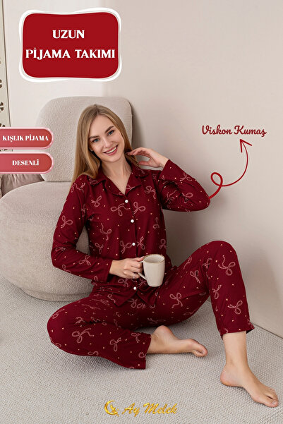 AYMELEK Women's Pajama Set Patterned Cotton Polo Neck Set