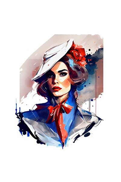 OEM Autocolant cu portret de fată, fundă roșie, pălărie albă, păr șaten, ținu...