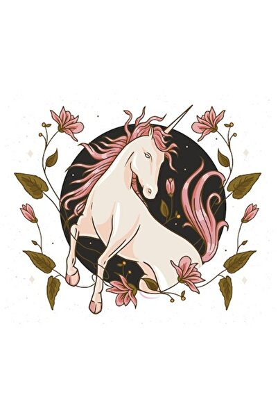 OEM Autocolant din vinil cu unicorn roz săritor și flori roz, margini albe, 2...