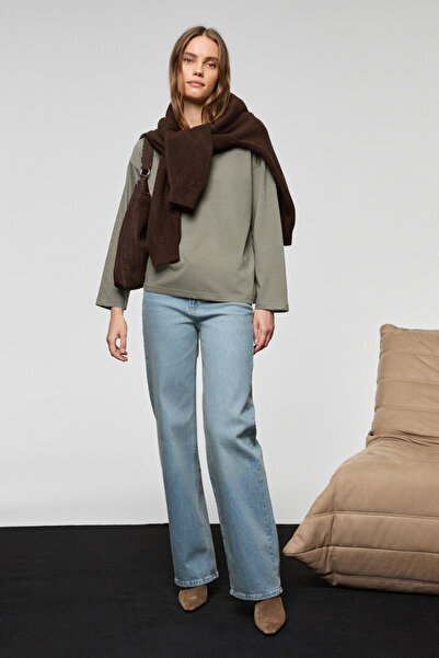 GRIMELANGE Basil Women's Oversized 100% Organic Cotton Knitted Long Sleeve Dark Gray T-Shirt