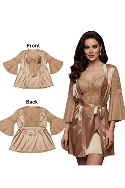 Generic Cute Golden 2 Pc Set Satin Nightwear Robe Set – Elegant Lace Trim Sleepwear for Women