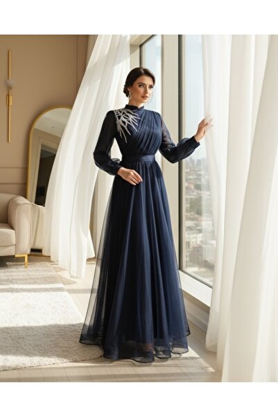 Genel Markalar Önü Taş Detaylı Drapeli Kemerli Tül Abiye