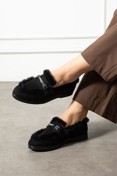 FUGA MODA Lorven Black Suede Buckle Plush Striped Detail Loafer Ballet Casual Shoes