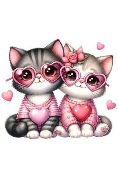 OEM Autocolant cu 2 pisicuțe vesele, ochelari în formă de inimă, Ziua Îndrăgo...