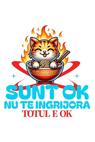 OEM Autocolant cu pisică portocalie într-un bol clocotit cu tăiței în flăcări...
