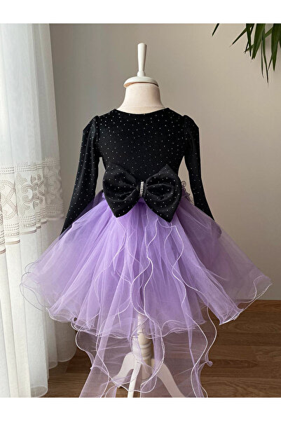 BerrinceTasarım Siyah Kadife Taşlı Tül Etekli Uzun Kollu Kurdele Süslü Kız Çocuk Elbise Kuromi Yılbaşı Elbisesi