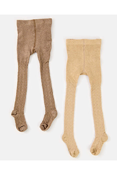 REDTAG Infant Girls Brown And Beige Jacquard Tights Set (2 Piece)