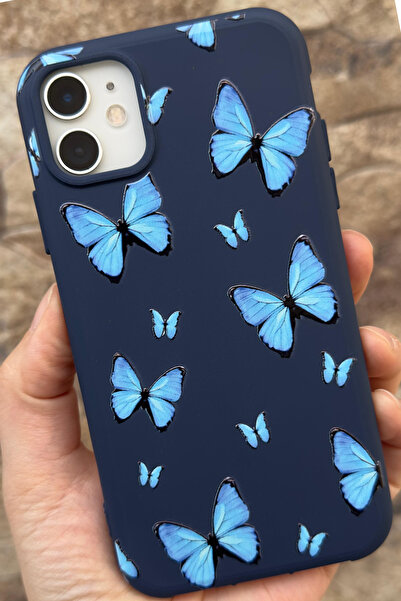 Vip Case iPhone 11 Compatible Blue Butterfly Patterned Silicone Shock-Absorbi...