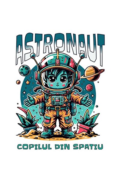 OEM Autocolant: Copil în costum de astronaut în spațiu — Text în limba română...