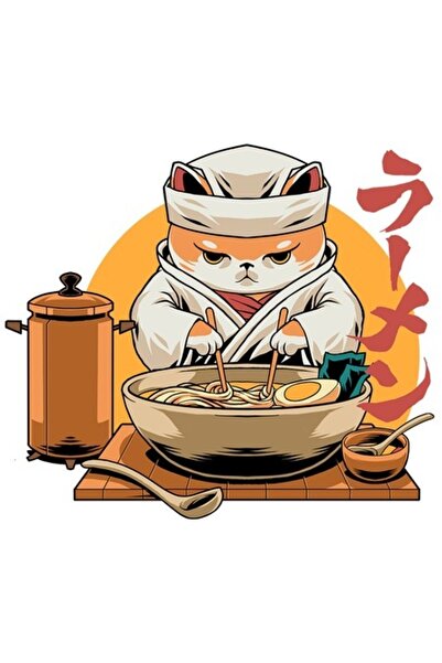 OEM Autocolant asiatic cu pisică Ramen Chef, bordură albă, vinil PVC - 23 cm