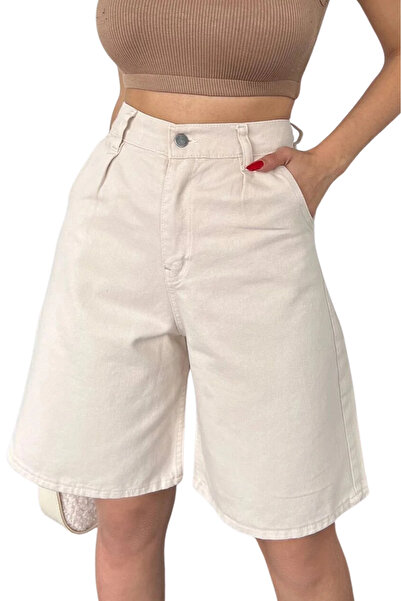 Genel Markalar Rahat Kesim Denim Şort Cepli-Krem