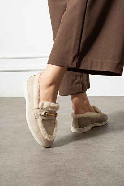 FUGA MODA Lorven Beige Suede Buckle Plush Striped Detail Loafer Ballet Casual Shoes
