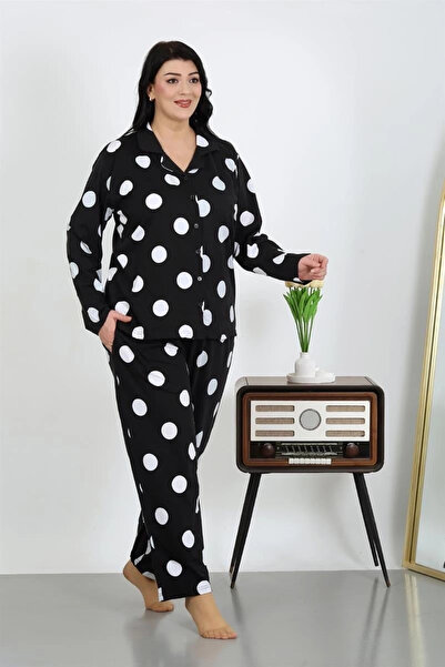 alfa expres Clothing Women's Plus Size Cotton Pocket Buttoned Black Pajama Set